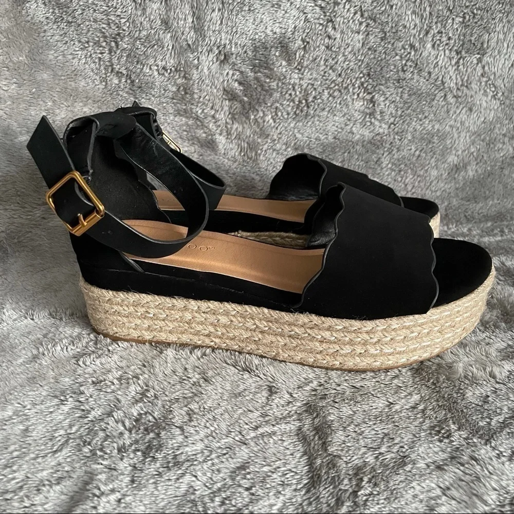 Bamboo Black Scallop Edged Band Platform Espadrille Sandals Size 7.5 Ankle Strap